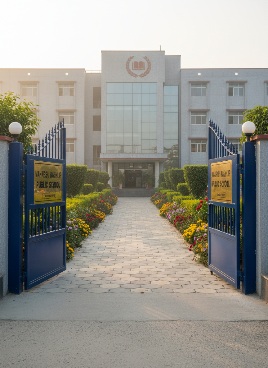A meticulously maintained school entrance gate made of brushed steel and painted in deep blue, featuring the clear name “Maharshi Kashyap Public School” on a polished signboard, beneath a simple tagline “Education First.” The gate opens onto a clean, interlocking-tiled driveway lined with neatly trimmed hedges and flowering plants. Soft morning sunlight illuminates the facade of a modern, multi-storey school building in the distance, with large glass windows and a central emblem. Photographic realism, shot from an eye-level perspective with a wide-angle lens, creating a welcoming yet professional mood, sharp focus throughout, and a clean, modern aesthetic suitable for an educational institution homepage hero image.