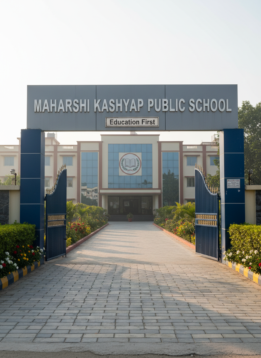 A meticulously maintained school entrance gate made of brushed steel and painted in deep blue, featuring the clear name “Maharshi Kashyap Public School” on a polished signboard, beneath a simple tagline “Education First.” The gate opens onto a clean, interlocking-tiled driveway lined with neatly trimmed hedges and flowering plants. Soft morning sunlight illuminates the facade of a modern, multi-storey school building in the distance, with large glass windows and a central emblem. Photographic realism, shot from an eye-level perspective with a wide-angle lens, creating a welcoming yet professional mood, sharp focus throughout, and a clean, modern aesthetic suitable for an educational institution homepage hero image.