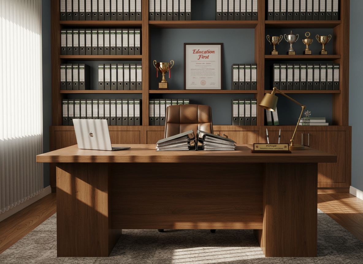 A principal’s office styled as a modern, professional academic workspace, featuring a large, dark-wood executive desk with a smooth matte finish. On the desk rest a closed laptop, a neatly stacked set of student files, an elegant pen stand, and a small brass nameplate reading “Principal – Maharshi Kashyap Public School.” Behind the desk, tall shelves hold orderly binders, academic trophies, and a framed certificate aligning with the motto “Education First.” Soft daylight filters through blinds on a side window, complemented by a warm desk lamp that casts subtle shadows. Photographic realism with an eye-level, slightly off-center composition, creating a dignified, authoritative yet approachable mood, with no chairs suggesting the presence of people.