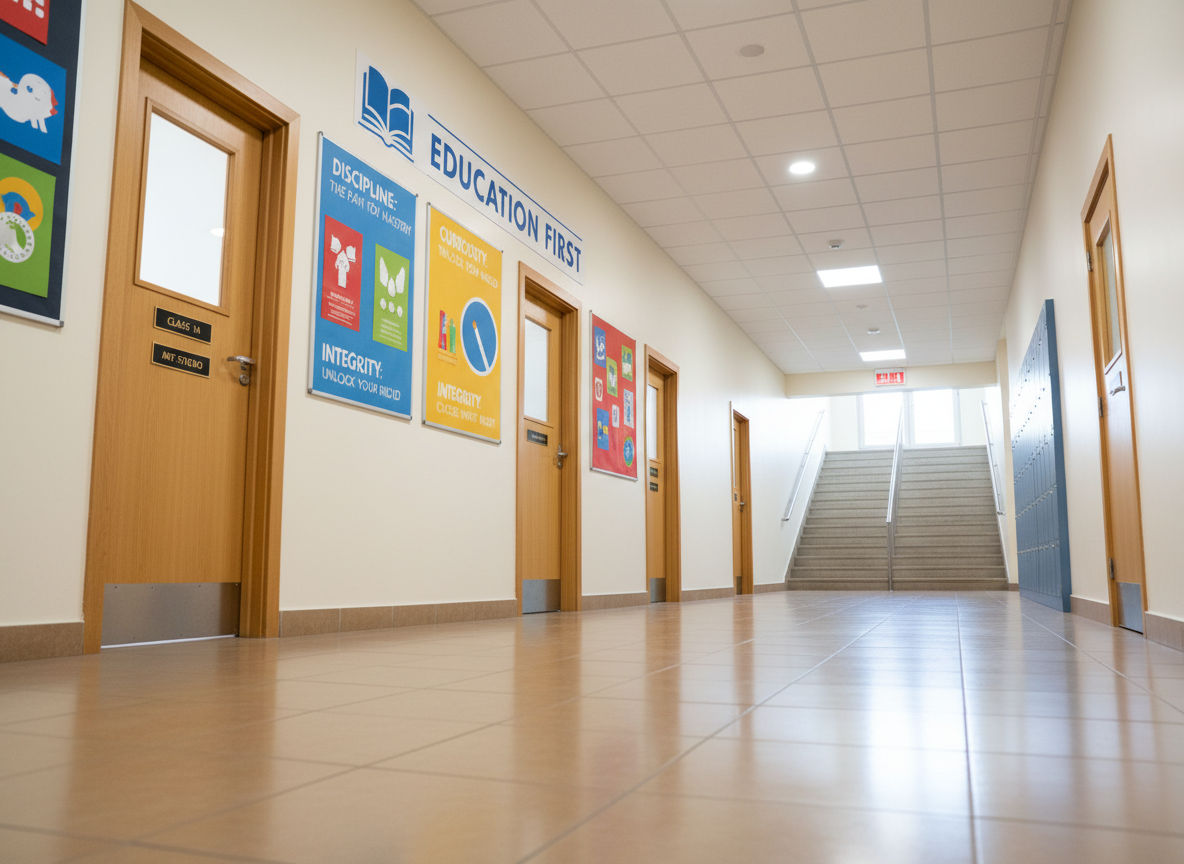 A neatly organized school corridor with polished tiles reflecting overhead recessed lighting, cream-colored walls, and clearly labeled classroom doors with frosted glass nameplates. Along one side, a series of colorful but neatly framed educational posters promote values like discipline, curiosity, and integrity under the school’s motto “Education First.” At the far end, a fire exit sign and a visible staircase emphasize safety and structure. Photographic realism, captured from a low-angle perspective looking down the length of the corridor, creating depth and leading lines. The atmosphere is calm, orderly, and professional, showcasing the school’s emphasis on cleanliness, safety, and an environment conducive to learning, completely devoid of any human presence.
