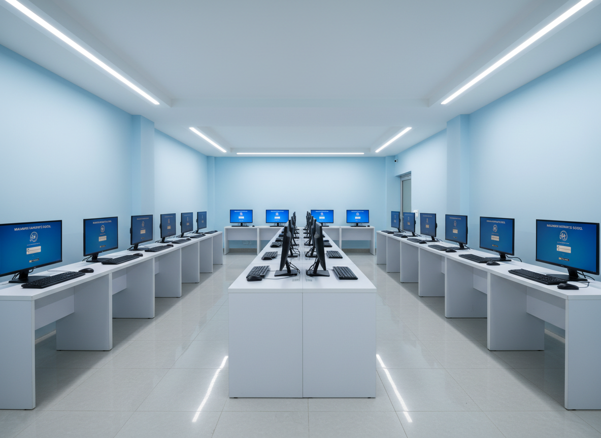 A dedicated computer lab with rows of identical, slim desktop computers on matte white tables, each station equipped with a keyboard and mouse arranged with meticulous symmetry. The monitors display a clean blue school login screen with a subtle logo of Maharshi Kashyap Public School. The room has pale blue walls, a spotless tile floor, and concealed ceiling lighting that provides even, soft illumination without harsh shadows. Photographic realism from a central, eye-level viewpoint looking straight down the main aisle, strong leading lines creating a sense of discipline and technological advancement, the mood highly professional and focused, with no chairs pulled out and no people visible.