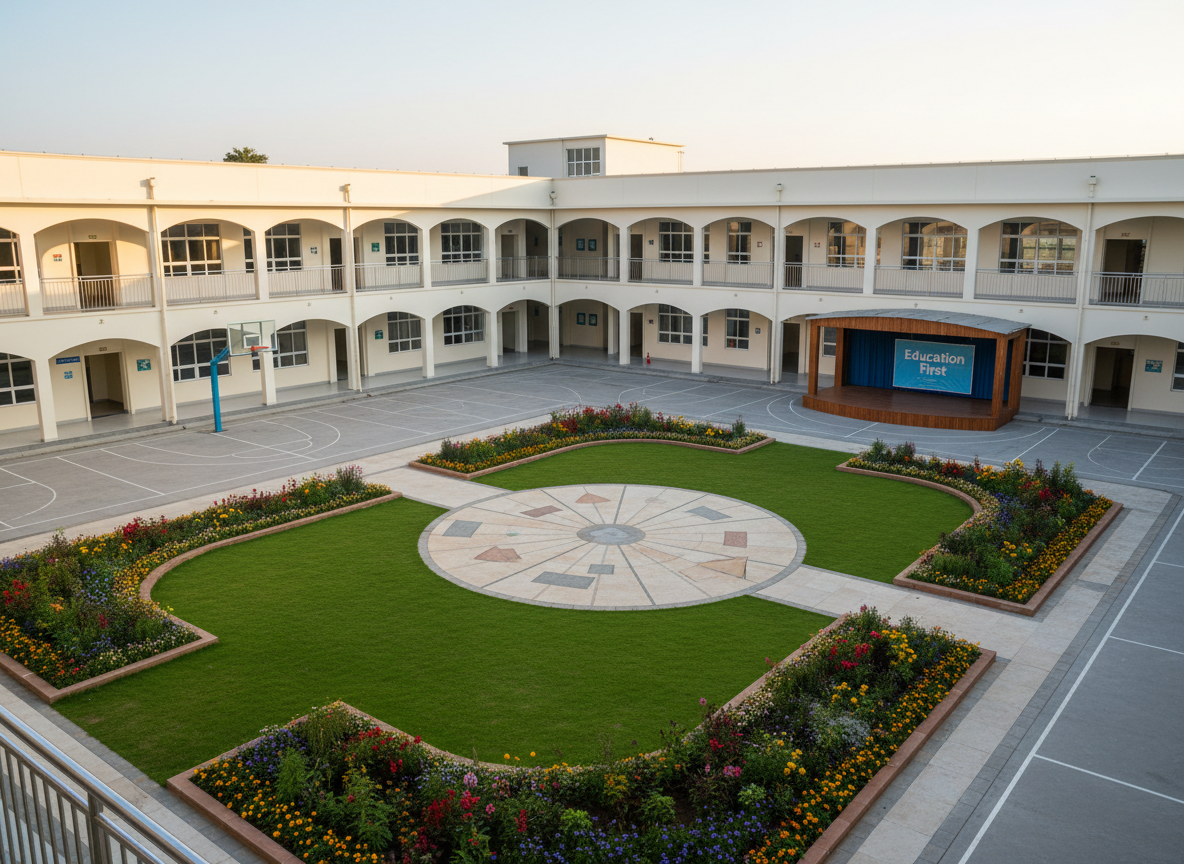 A vibrant, open school courtyard featuring a meticulously maintained lawn, colorful flower beds, and a central circular paved area marked with geometric patterns for group activities. The surrounding buildings display clean, cream-colored walls and wide corridors with safety railings. A sturdy basketball hoop and a clearly lined sports court occupy one side, while a small stage with a simple backdrop reading “Education First” sits on the other. Captured in warm late-afternoon sunlight, creating long, soft shadows and a welcoming golden glow. Photographic realism with a slightly elevated, wide-angle composition emphasizing space, order, and the school’s encouragement of holistic development, with no people present anywhere in the scene.