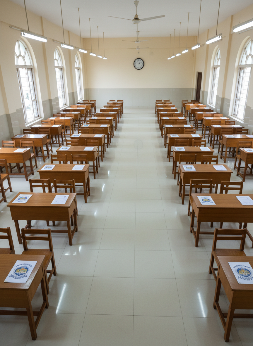 A dedicated examination hall set up with multiple rows of single wooden desks and attached chairs, each spaced uniformly apart on a glossy, light-colored floor. Every desk holds only a blank answer sheet, a sharpened pencil, and an exam admit card with the school crest of Maharshi Kashyap Public School. High windows along one wall admit cool, diffused daylight, while ceiling fans and tube lights maintain an evenly lit, distraction-free environment. Photographic realism from a high, slightly diagonal viewpoint, emphasizing symmetry and order. The atmosphere is serious, disciplined, and highly organized, clearly communicating the school’s focus on academic integrity and structured assessment, with no people in view.