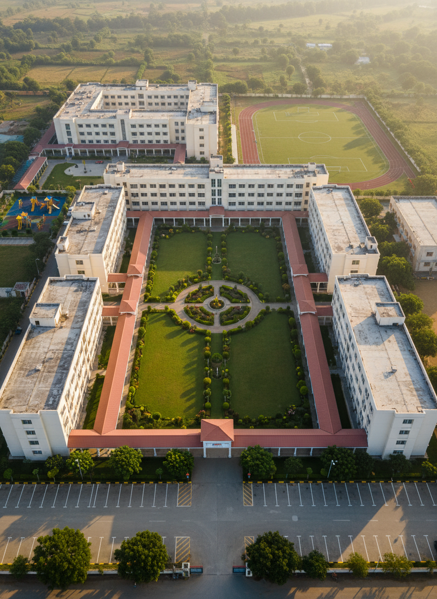 An aerial, bird’s-eye view of the entire Maharshi Kashyap Public School campus, showing multiple rectangular academic blocks with clean, light-colored facades, interconnected by covered walkways. The central courtyard forms a green heart with manicured lawns and geometric garden beds, while separate zones for a playground, sports field, and parking are clearly visible. Early morning sunlight casts gentle shadows, emphasizing the thoughtful layout and architecture. Photographic realism with sharp focus and natural colors, composed to highlight the school’s scale, infrastructure, and organized planning. The mood is aspirational and trustworthy, suited for a prospectus or overview page, with no vehicles moving and no human figures anywhere, conveying calm readiness for the school day.