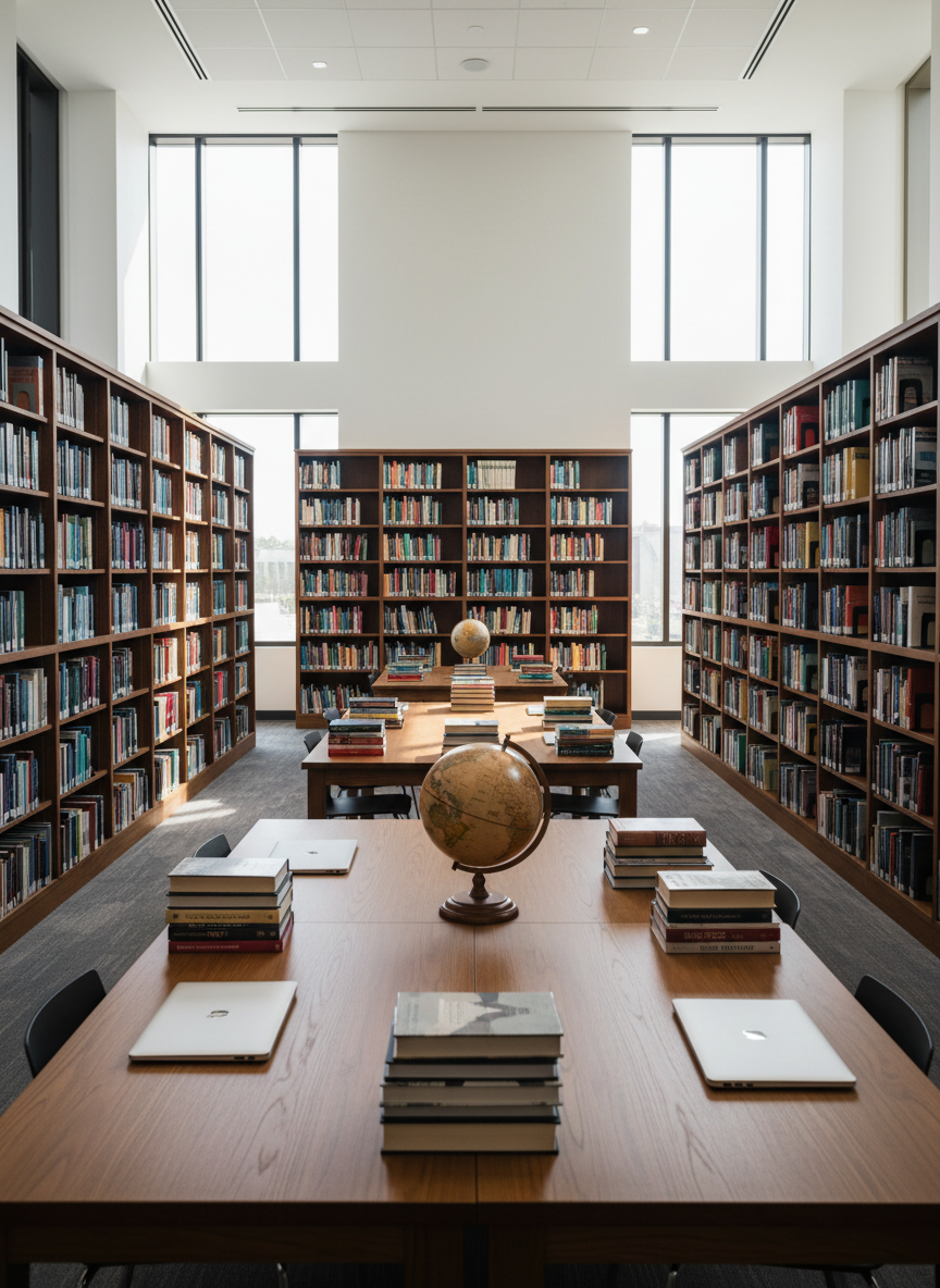 A modern, well-organized school library interior featuring tall wooden bookshelves filled with neatly arranged textbooks and reference volumes, their spines showing a spectrum of academic subjects. In the center, broad wooden tables with smooth finishes support organized stacks of books, a globe, and a few closed laptops. Large windows allow diffused afternoon light to bathe the room in a warm, focused glow, highlighting the grain of the wood and the subtle colors of the book covers. Photographic realism at eye level with moderate depth of field, creating a calm, studious atmosphere that conveys the school’s academic rigor and commitment to learning resources, with no people visible anywhere.
