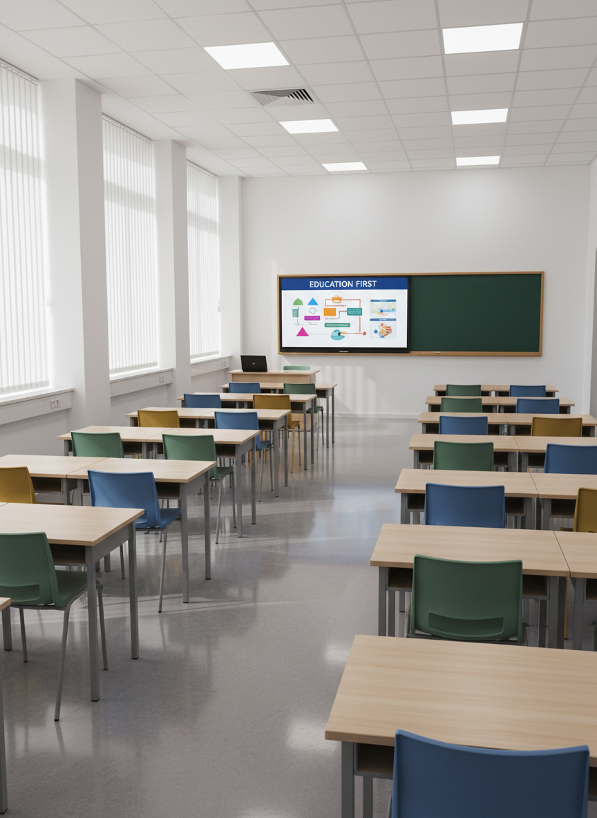 A spacious, orderly classroom with rows of wooden desks and ergonomic plastic chairs in soft muted colors, all perfectly aligned on a polished, light-colored tile floor. At the front, a large, wall-mounted digital smartboard displays a neat, colorful diagram under the heading “Education First,” framed by pristine white walls and a traditional green chalkboard on one side. Sunlight filters in through tall windows with simple blinds, casting gentle, natural light and soft shadows across the room. Photographic realism from a slightly elevated angle, wide composition capturing the entire room, emphasizing structure, clarity, and a professional, academically focused atmosphere with no people present.