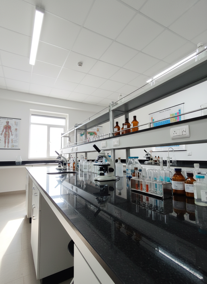 A well-marked science laboratory with sturdy, glossy black workbenches, neatly arranged glass beakers, test tubes in racks, microscopes, and labeled chemical bottles, all organized with professional precision. The walls are adorned with detailed educational posters of the human anatomy and periodic table. Overhead fluorescent lights provide bright, even illumination, reflecting gently off the benches and glass surfaces, while a high window admits a strip of natural daylight. Photographic realism shot from a slightly low angle along one workbench, creating leading lines that draw the eye into the room. The mood is serious yet inspiring, showcasing a safe, modern environment for scientific exploration, entirely free of human figures.